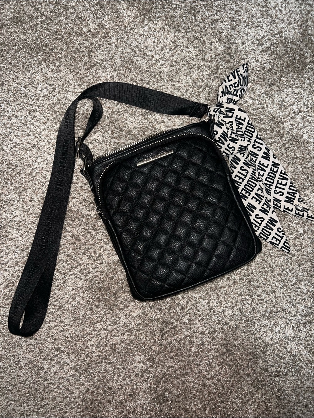 Steve Madden Black Quilted Messenger Crossbody with Logo Scarf